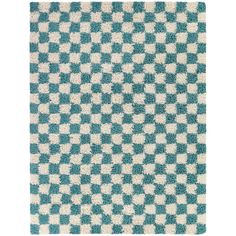 a blue and white checkered rug on a white floor with an area rug in the middle