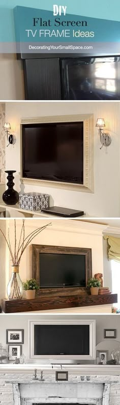 there is a fireplace that has been built into the wall with pictures above it and below