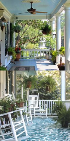 the porch is filled with potted plants and rocking chairs