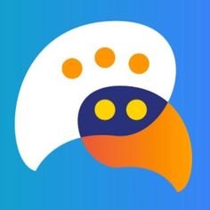 a blue background with an orange and white bird on it's head, in the shape of a speech bubble