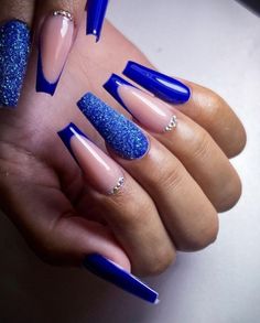 Blue Prom Nails, Dark Blue Nails, Aqua Nails, Formal Nails, Blue Acrylic Nails, Simple Acrylic Nails, Acrylic Nails Coffin Short, Silver Nails