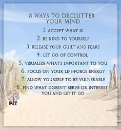 a poster with the words 8 ways to declutter your mind on it's side