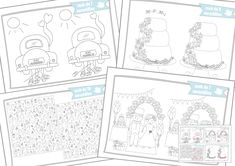 four different coloring pages with pictures of wedding cakes and cake toppers, one is for the