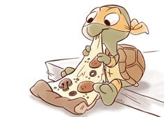 a cartoon turtle eating a slice of pizza