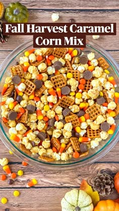 fall harvest caramel corn mix in a glass bowl