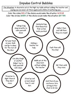 Impulse Control Bubbles Worksheet by School Psychologist Materials Impulse Control Middle School, Impulse Control Therapy Activities, Locus Of Control Worksheets, Impulsivity Activities For Kids, Impulse Control Activities For Teens, Self Control Worksheet, Emotion Regulation Activities For Kids, Self Control Activities For Kids