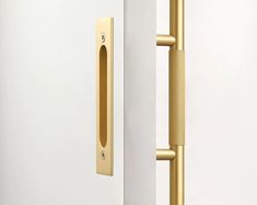 an open door with a handle on the front and back doors, both in brass