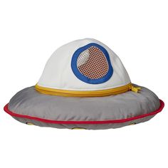 a white hat with a blue circle on the front and yellow band around the brim