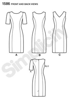 the front and back views of a dress pattern for women, with three different variations