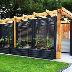 an outdoor garden area with wooden trelliss and plants in the planter boxes