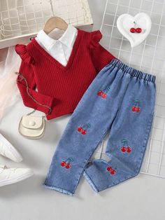 Fruit Clothing, Embroidery Pants, Vegetable Plants, Traje Casual, Girl Vintage, Long Sleeve Knit Sweaters, Girls Denim, Embroidered Denim