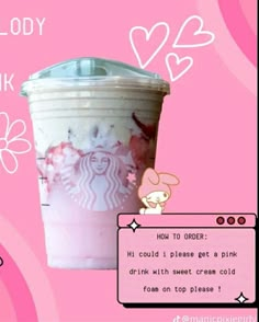 Starbucks drink Ideas    Sanrio my melodie Starbucks Recipes Sanrio, Sanrio Inspired Starbucks Drinks, My Melody Snacks, Sanrio Starbucks, Sanrio Drinks