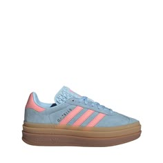 adidas Gazelle Bold Athletic Shoe - Big Kid - Clear Sky / Semi Pink / Silver | Journeys Pink And Blue Sneakers, Pink And Blue Adidas Gazelle, Shoes Adidas Gazelle, Platform Adidas Gazelle, Blue Gazelle Outfit, Bold Gazelle, Adidas Gazelle Platform, Adidas Bold, Pink Gazelles