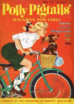 a magazine cover with a woman riding a bike and a dog in the basket on the front