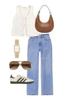 Addidas sambas, jeans, gold jewlery Casual Charleston Outfit, Summer Vibes Outfits Fashion Ideas, High Point Market Outfits, Fall Outfits Mood Board, Spring Capsule Wardrobe Outfits, Summer Outfits For Nyc, Outfits With Denim Shirt, Cream Sambas Outfit, Mom Brunch Outfit