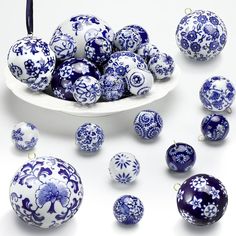 blue and white porcelain ornaments on a plate