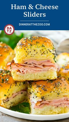 ham and cheese sliders stacked on top of each other with the title text overlay