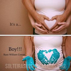 two pictures of pregnant women with hands on their stomach and the words it's a boy