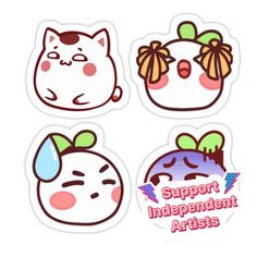 four stickers with different cartoon faces and words on the front, one says support independent artists