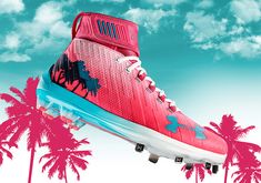 an advertisement for under armour running shoes with palm trees and blue sky in the background