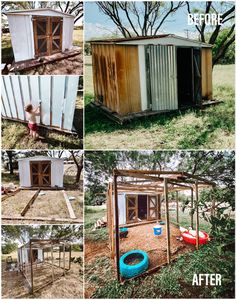 an old shed is transformed into a dog house for dogs to play in and use