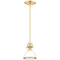 a brass finish pendant light fixture with an acrylic glass globe hanging from the ceiling