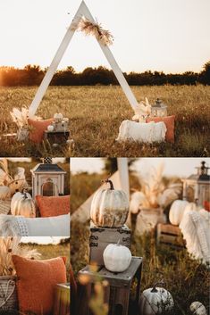 a collage of photos with pumpkins, candles and other decorations in the grass