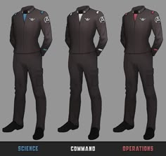 three different views of a man's uniform from the movie star trek into space