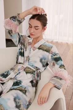 Refresh your wardrobe with premium classics. Our printed silk pajama set with feather is timeless style, brings you fortune, love and Christmas wish.❤️👘🙌 Shop link in bio, every gift that you bestow this holiday season is precious love. #pajamas #fashion #style #home #love #robe #christmas #holiday #gift #winter Elegant Fitted Sleepwear For Pajama Party, Elegant Feathered Evening Robe, Elegant Fitted Sleep Sets, Elegant Sleepwear For Pajama Party In Spring, Elegant Robe With Feather Trim For Wedding Night, Feathered Robe For Wedding Night, Silk Sleepwear For Spring Lounging, Elegant Summer Lounging Sets, Elegant Summer Sleep Sets