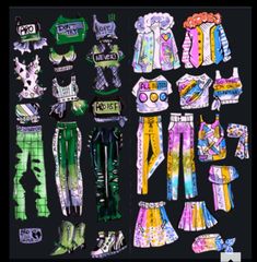 an assortment of clothing and shoes are displayed on a black background with the words,