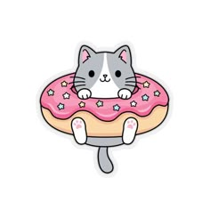 a cat sitting on top of a donut with pink frosting and sprinkles