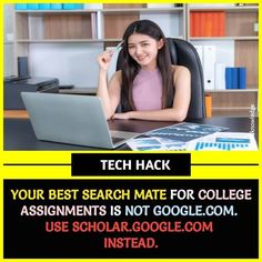 a woman sitting at a desk in front of a laptop computer with the text tech hack your best search mate for college assignment is not google com