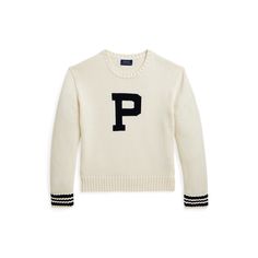 This cozy cotton sweater plays on the season’s collegiate style with striped trim and a “P” intarsia-knit at the front. Letterman Sweaters, Varsity Cardigan, Collegiate Style, Girls Cardigan, Roll Neck Sweater, Cardigan Outfits, Cotton Cardigan, Cashmere Cardigan, Girls Sweaters