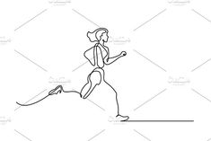 continuous line drawing of a woman running with a dog on a leash in front of her