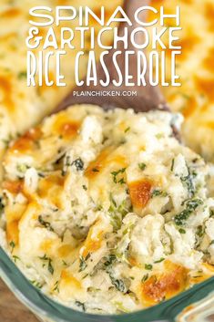 spinach and artichoke rice casserole in a glass dish