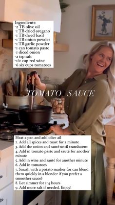 a woman standing in front of a stove with food on top of it and an article about how to make tomato sauce