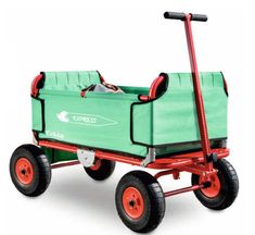 a green wagon with red wheels on a white background