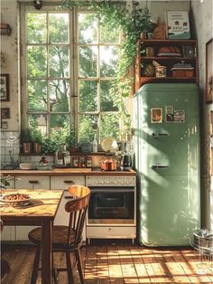 an old fashioned kitchen with green refrigerator and wooden table in front of large open window