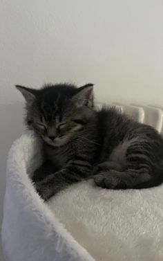 a cat sleeping on top of a white blanket