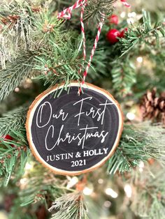 a christmas ornament hanging from a tree