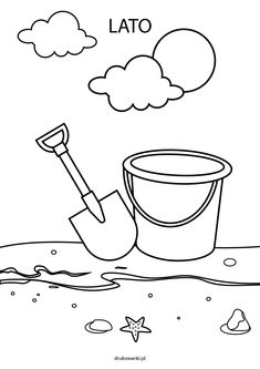 a drawing of a bucket and a shovel in the water with clouds above it, that says