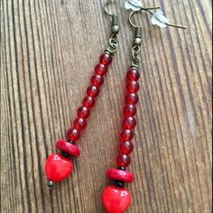 Handmade Artisan Made Item Handmade By Myself Here In San Antonio Texas New Handmade Item Ladies Dangle Earrings Made With All Glass Beads Red All Questions Are Welcome Don’t Forget To Bundle Make An Offer And Thank You For Looking Vintage Red Heart Earrings For Pierced Ears, Red Nickel-free Dangle Heart Earrings, Adjustable Red Heart Earrings For Gift, Red Vintage Heart Earrings, Red Heart Beads Dangle Earrings, Red Dangle Heart Earrings, Handmade Red Heart Earrings For Valentine's Day, Red Dangle Earrings With Heart Beads, Handmade Red Heart Earrings