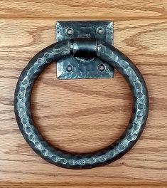 Distressed 6" ring pull with hammered back plate (our largest in this class) - Wild West Hardware Pyramid Head, Art Square, Hand Forged Iron, Door Pull, Forged Iron, Door Pulls