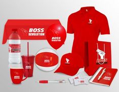 a red shirt and accessories are displayed on a white background with the words boss revolution