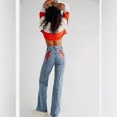 Frankie Cosplay, Jeans Back Pocket Design, Red Flare Jeans, Mountain Clothes, Fun Jeans, Free People Flare Jeans, Wishlist 2022, Statement Jeans, Lighting Bolt