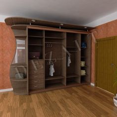 a room with a large closet and wooden flooring on the walls is shown in this 3d image