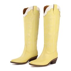 The Carrie, our stunning light yellow women's cowboy boots with striking stars stitched down the sides. The soft yellow color is sure to add a burst of energy into your outfit. Designed and crafted with meticulous attention to detail and high-quality materials, these boots ensure both durability and style. Whether you're dressing up for a special occasion or adding a touch of flair to your everyday look, The Carrie will elevate your fashion game and is sure to become a center piece of your wardr Yellow Cowgirl Boots, Dressy Country Outfits Women, Yellow Cowboy Boots, College Dresses, Minnie Pearl, Country Outfits Women, Brown Cowgirl Boots, College Dress, Women's Cowboy Boots