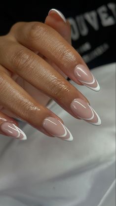 Formal Nails Acrylic French Tips, French Gel X Nails Almond, Almond French With Design, Almond Style Nail Designs, Almond Nail French Tip Designs, Negative French Nails, Open French Tip Nails, Almond Nails With White Design, Almond Double French Tip Nails