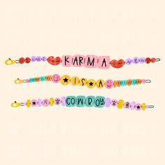 three colorful bracelets with the word karma written on them