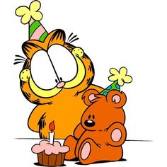 a cat with a birthday hat sitting next to a teddy bear holding a cupcake